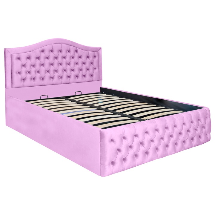 Pat dublu tapitat model Arizona 200/200 cm culoare lila cu somiera metalica rabatabila si spatiu de depozitare