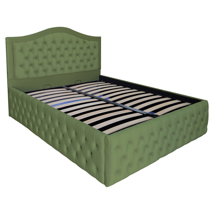 Pat dublu tapitat model Arizona Deluxe 180/200 cm culoare kaki cu somiera metalica rabatabila si spatiu de depozitare