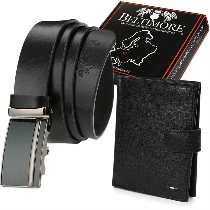 Set portofel/curea, Beltimore, Piele naturala, Negru