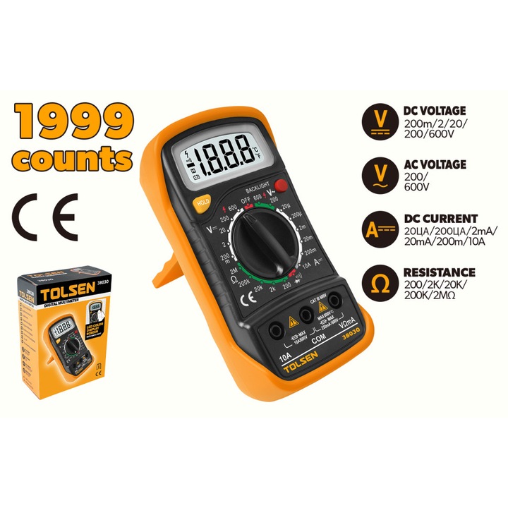 Multimetru Digital TOLSEN, 1999 Masuratori, LCD Colorat, Iluminare, Tensiune DC 200mV-600V, Curent DC 200µA-10A, Rezistenta 200Ω-2MΩ, Protectie Suprasarcina, CE