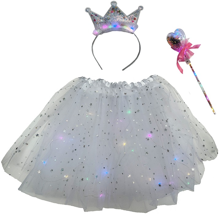 Set Fustita de Printesa Aku cu Bagheta, Coronita, Leduri Luminoase si Baterii incluse, 3-6 ani, Alb AK4537