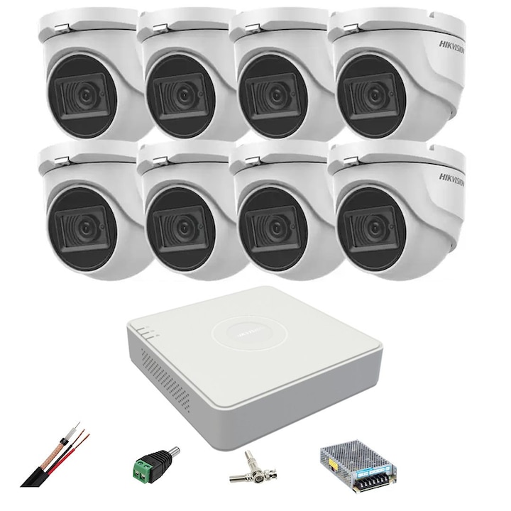 Sistem supraveghere HIKVISION 8 camere 8MP 4 in 1, IR 60m, DVR 8 canale 4K, accesorii montaj
