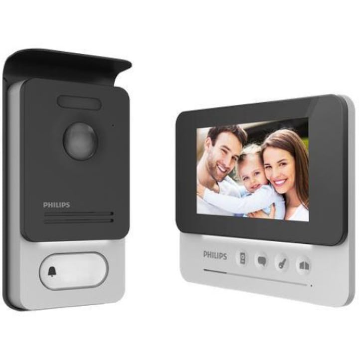 Kit videointerfon Philips, WelcomeEye Compact, Ecran LCD 4.3inch, Control porti, Negru/Argintiu