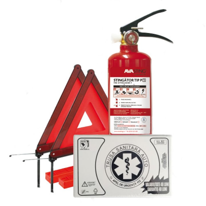 Комплект за безопасност, За кола, Пожарогасител, Медицински комплект и светлоотразителен триъгълник