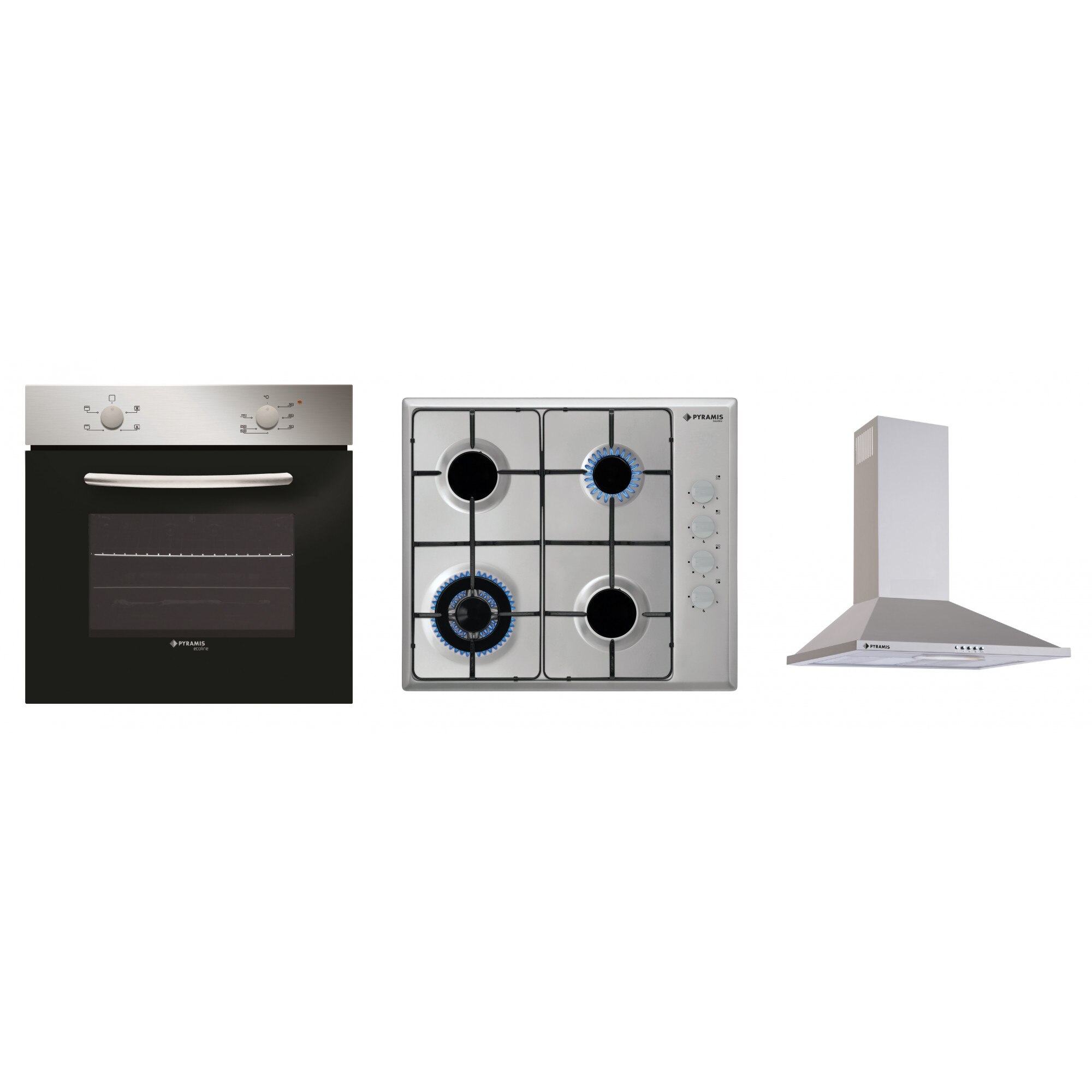 Pachet Pyramis DECOS HOME, cuptor electric 4 functii, plita gaz inox, arzator wok, gratare emailate si hota decorativa