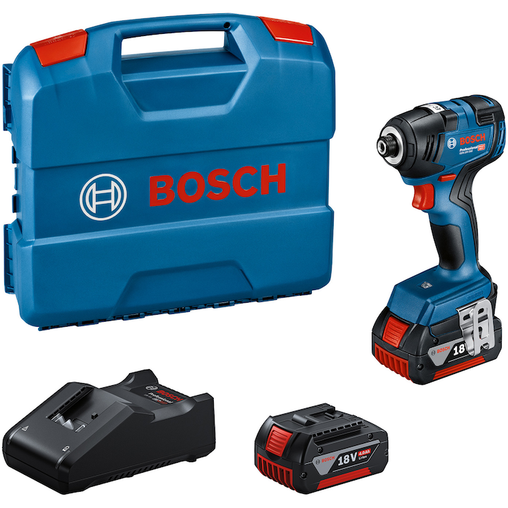 Bosch Professional GDR 18V-200 Akkus Ütvefúró-csavarozógép, 18 V, 200 Nm, 3400 RPM, 4000 ütés/perc, 2 akkumulátor + gyorstöltő, L-Boxx doboz