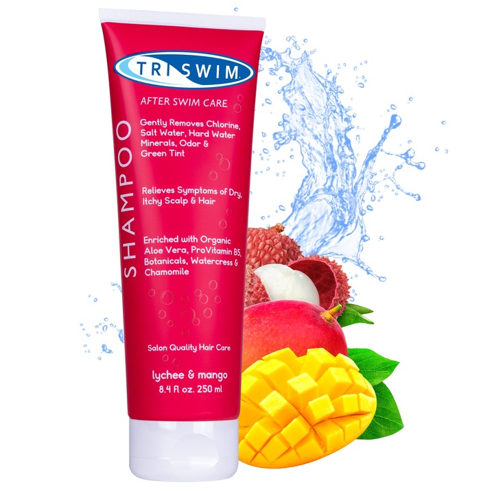 TRISWIM Sampon pentru Indepartarea Clorului | Ingrijire de Dupa Inot | Sampon Hidratant Vegan Anti-Clor pentru Inotatori | Indeparteaza Nuanta Verde | Lici si Mango (250 ml)