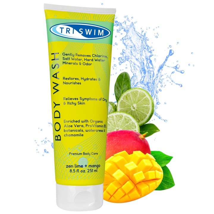 TRISWIM Gel de dus pentru indepartarea clorului | Ingrijire dupa inot | Gel de dus hidratant anti-clor vegan pentru inotatori | Gel de dus cu hidratare intensa pentru femei si barbati | Lime si mango (251 ml)
