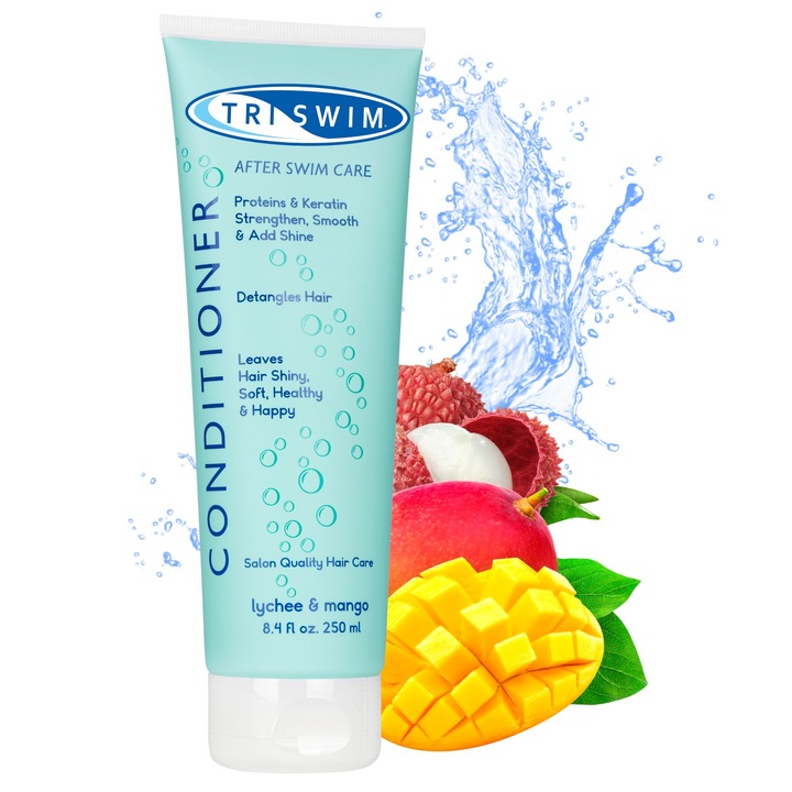 TRISWIM Balsam pentru parul inotatorilor | Ingrijire dupa inot | Balsam hidratant, regenerant si de descurcare vegan pentru inotatori |Lici si mango (250 ml)