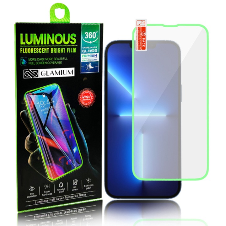 Folie sticla GLAMIUM® compatibila iPhone 13 Pro, Glow In The Dark, Fosforescenta - Luminoasa, Full Screen, Full Cover, HD Clarity, 9H Strong Premium Glass, albastru