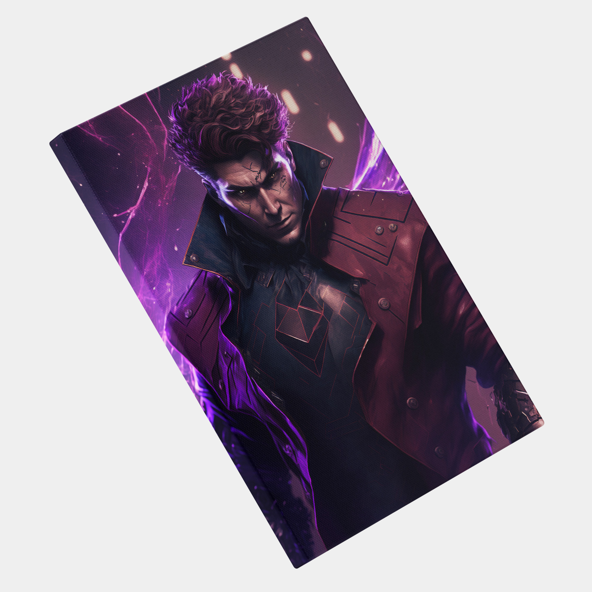 Tablou Canvas, Gambit din x-men, jumatate de corp cu plasma violet, Reinventat, Futuristic, Detaliat si Creativ, High End, Arta Digitala 25x40 cm, Multicolor