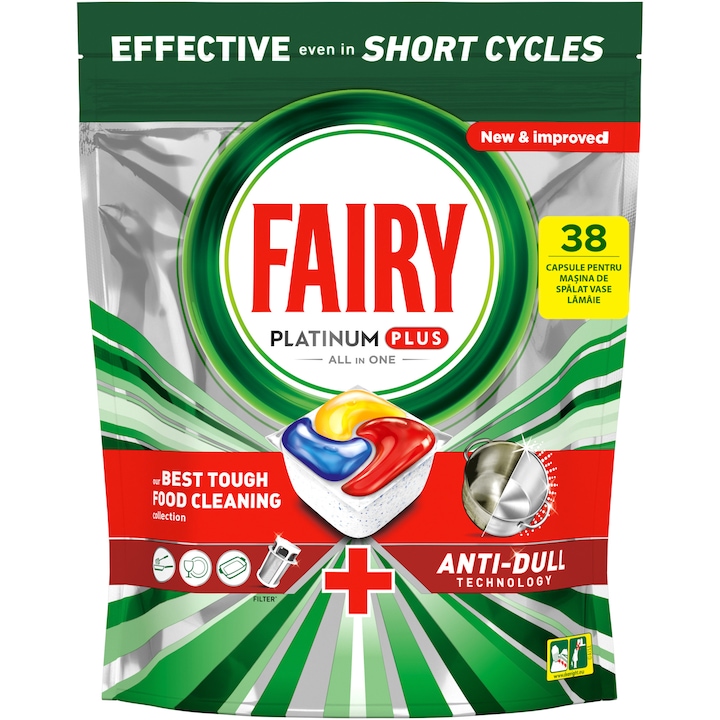 Препарат за съдомиялна Fairy Platinum Plus Anti-Dull, 38 измивания