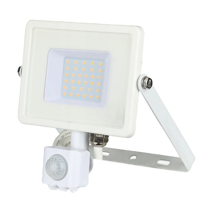 LED прожектор, V-TAC, 30W, 3000K, IP65, Сензор за движение, Бял