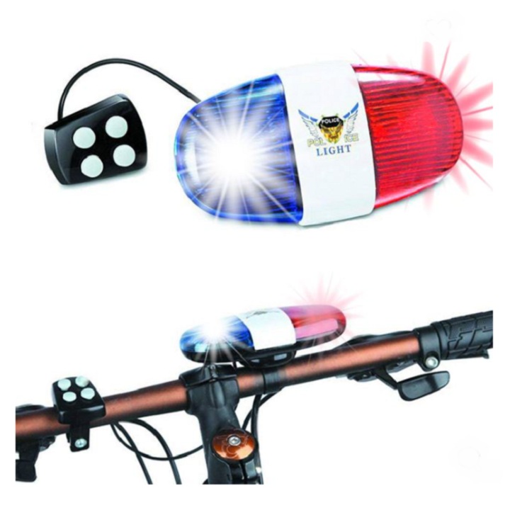 Sonerie tip sirena politie pentru bicicleta, cu girofar, 4 melodii, 6 LED-uri, controler, fixare ghidon