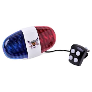 Sonerie tip sirena politie pentru bicicleta, cu girofar, 4 melodii, 6 LED-uri, controler, fixare ghidon