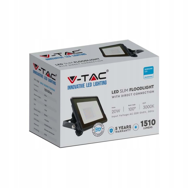 Proiector LED, V-TAC, 20W, 1510lm, 6500K, IP65, Negru