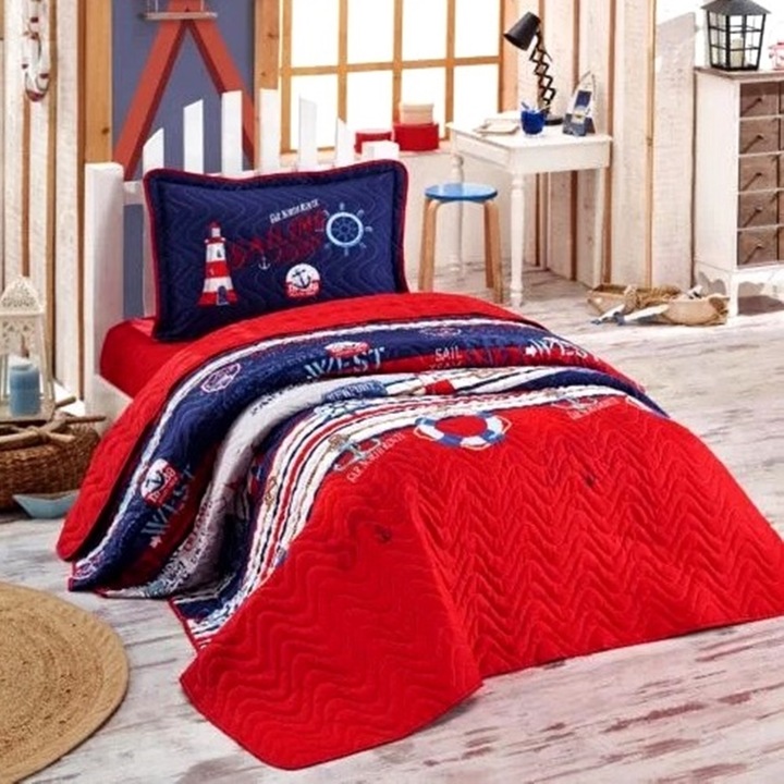 Set Cuvertura de pat bumbac 100% matlasata de copii 180x240 si 1 fata de perna 50x70 pentru o persoana, Pucioasa CUV1PAX7