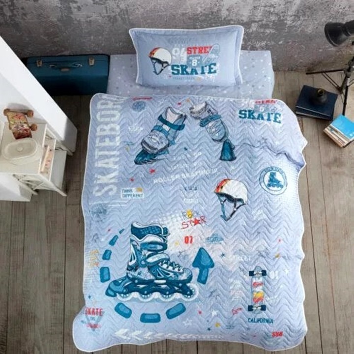 Set Cuvertura de pat bumbac 100% matlasata de copii 180x240 si 1 fata de perna 50x70 pentru o persoana, Pucioasa CUV1PAX14