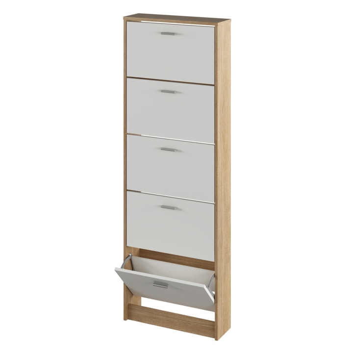 Шкаф За Обувки DacEnergy©, Изработен От Ламинат Pal, 5 Чекмеджета, 58 x 18 x 170,2 См, Практичен, Дъб Сонома И Бяло