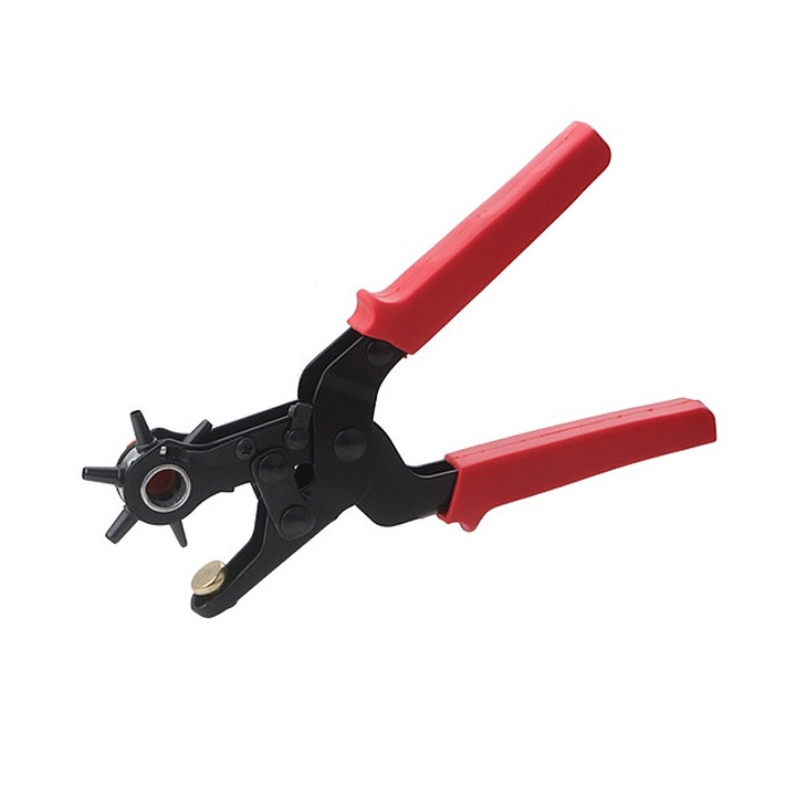 Cleste perforator pivotant cu 6 capete pentru gaurit curele si alte materilale, rosu/negru, 250x95mm