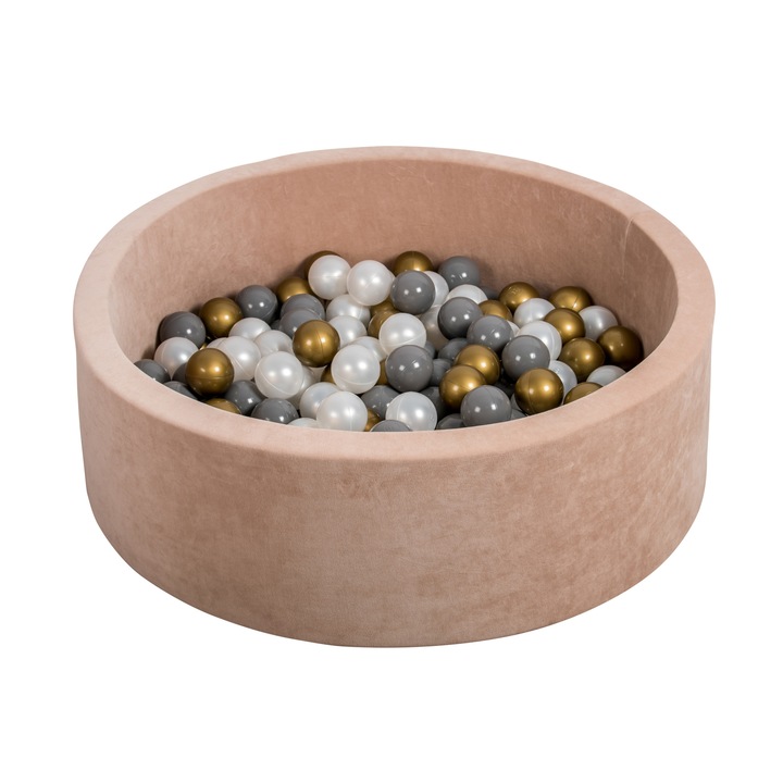 Piscina rotunda pentru copii, cu 200 mingi Gold, D90 x H30 cm, Basalt Velour, Pufkid