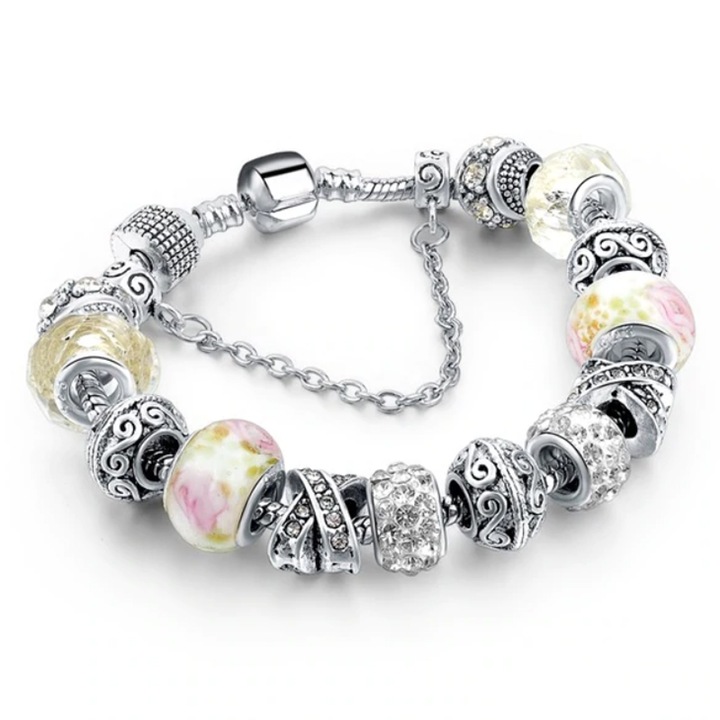 Bratara White Romance, Charm, placata in 3 straturi, cu Argint 925, Argintiu/Roz, 20 cm