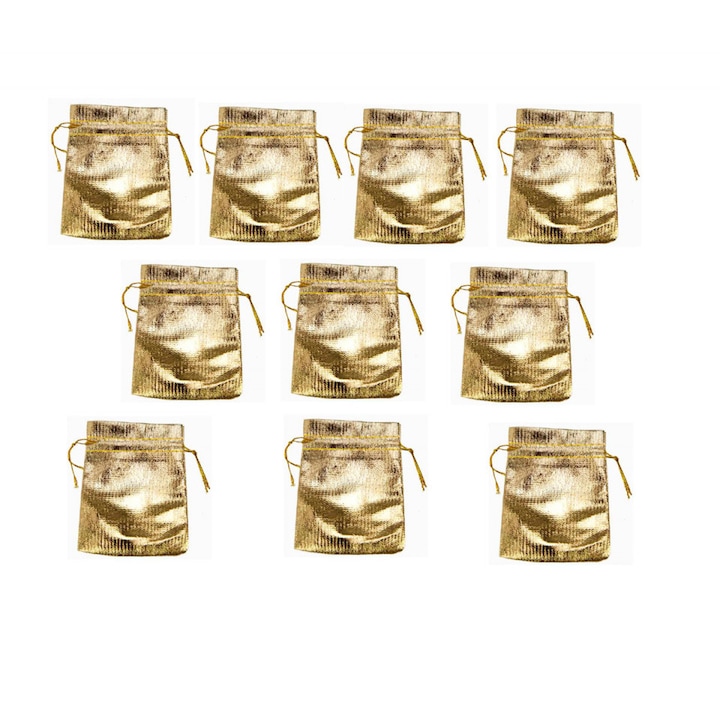 Set 10 Bucati, Pungi tip saculet pentru bijuterii, 95x70mm, Aurii