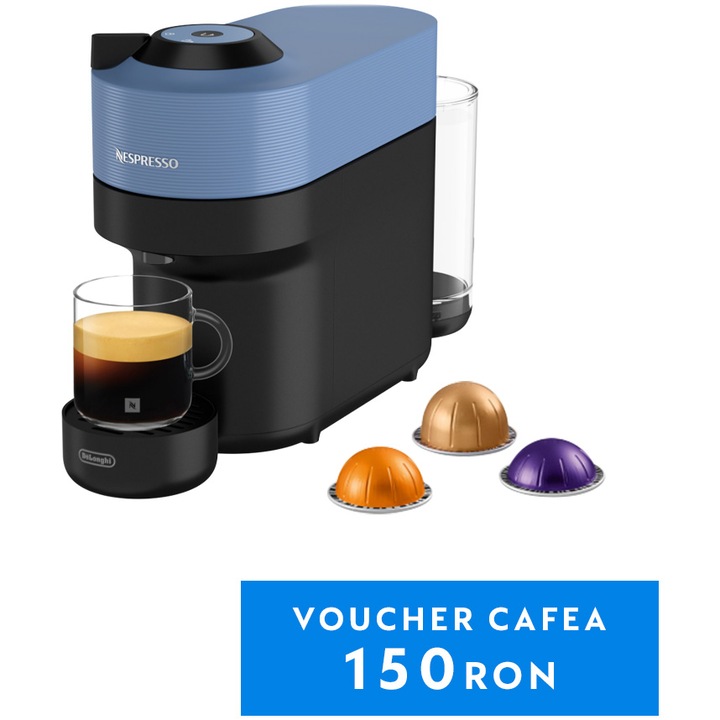 Espressor Nespresso by De'Longhi Vertuo Pop ENV90.A, 1260W, Extractie prin centrifuzie, Conectare telefon, 0.6L, Albastru, set capsule degustare inclus