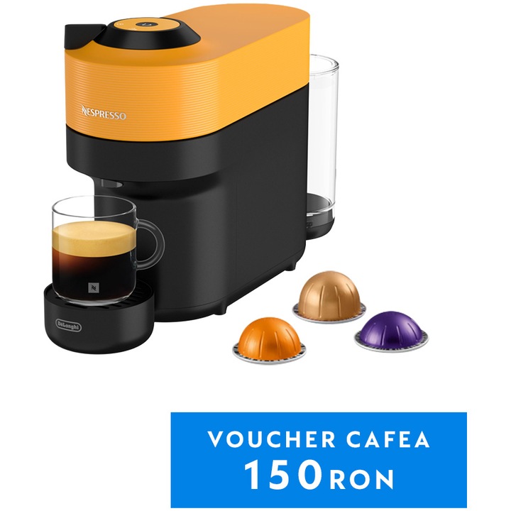 Espressor Nespresso by De'Longhi Vertuo Pop ENV90.Y, 1260W, Extractie prin centrifuzie, Conectare telefon, 0.6L, Galben, set capsule degustare inclus