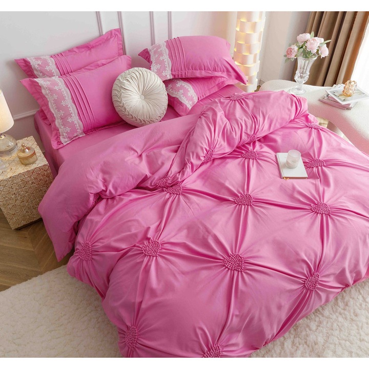 Lenjerie De Pat Dublu, 240x250, Bumbac Finet, Inimi Brodate, 6 Piese, Roz