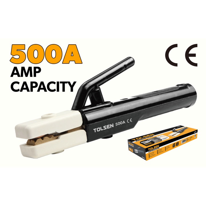 Suport electrozi TOLSEN 800A, Lungime 270 mm, Maner fibra de sticla, Electrozi 2.5–8 mm, Include 2 chei hexagonale, Uz industrial