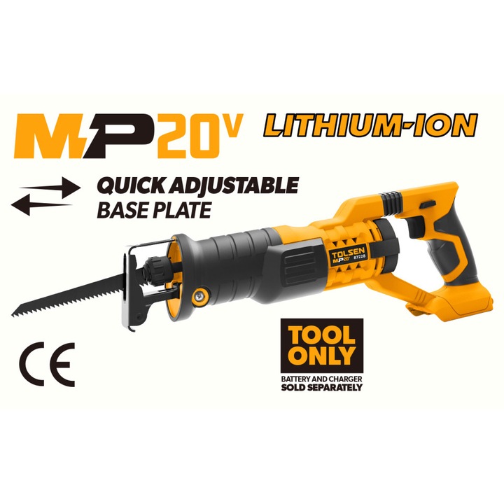 Fierastrau Sabie Fara Fir TOLSEN MP20V, 20V Li-Ion, 0-2800spm, Cursa 22mm, Taiere Lemn 125mm, Metal 6mm, LED, Blocare, Schimbare Rapida Panza, Baza Reglabila, 4Ah Acumulator Inclus, Compatibil Platforma MP20V, Semiprofesional, CE, GS/CE, iluminare LED