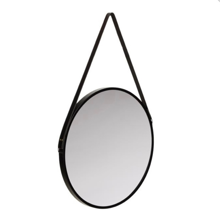 Oglinda de perete, rotunda, prindere prin curea ajustabila, rama metalica, negru, 50 cm