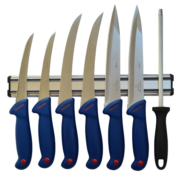 Set 6 Cutite profesionale pentru macelarie GER8P-Albastru, dezosat, filetat, injunghiat, suport magnetic si Masat