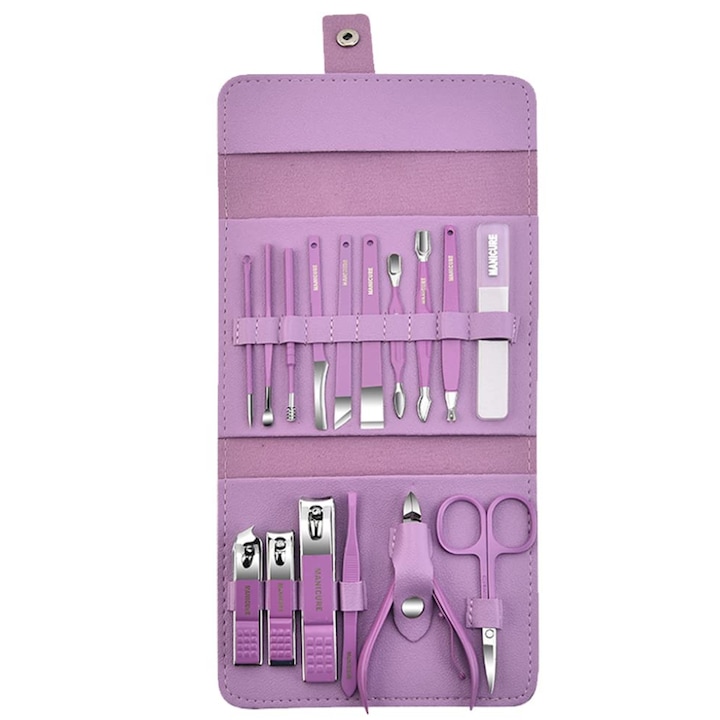 Trusa Manichiura Pedichiura, profesionala, 16 piese, otel inoxidabil, pila de sticla, foarfeca, unghiera, cleste si impingator cuticule, Etui depozitare elegant, Violet