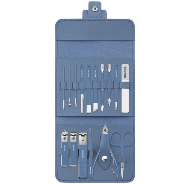 Trusa Manichiura Pedichiura, profesionala, 16 piese, otel inoxidabil, pila de sticla, foarfeca, unghiera, cleste si impingator cuticule, Etui depozitare elegant, Albastru
