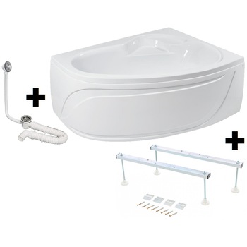 Pachet Complet Cada Acril pe Colt 150x105 - Masca Frontala, Cadru Metalic, Sifon Evacuare si Cada de Baie Fibrocom Hermes 150x105, Stanga Pachet Complet Cada Acril pe Colt 150x105 - Masca Frontala, Cadru Metalic, Sifon Evacuare si Cada de Baie Fibrocom Hermes 150x105, Stanga
