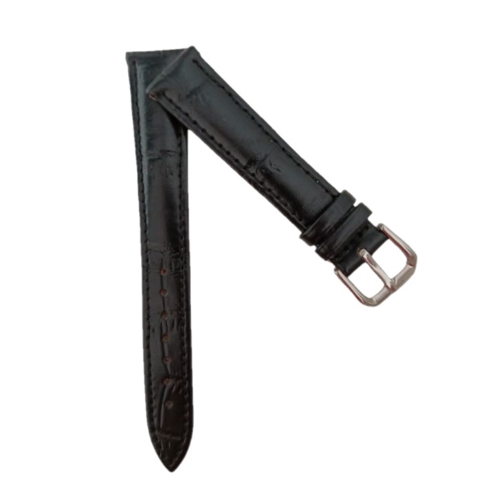 Curea pentru Ceas Piele, Imprimeu Crocodil, Catarama Argintie, 16mm, Negru