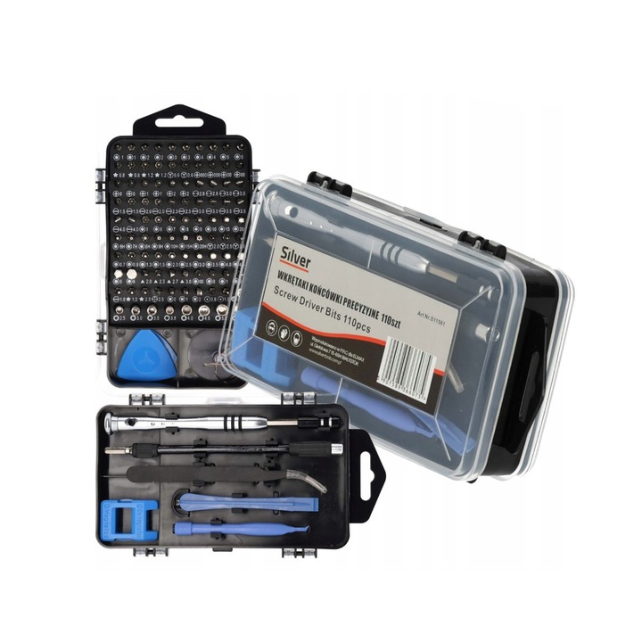Set 110 piese, cap surubelnita de precizie, biti, Silver