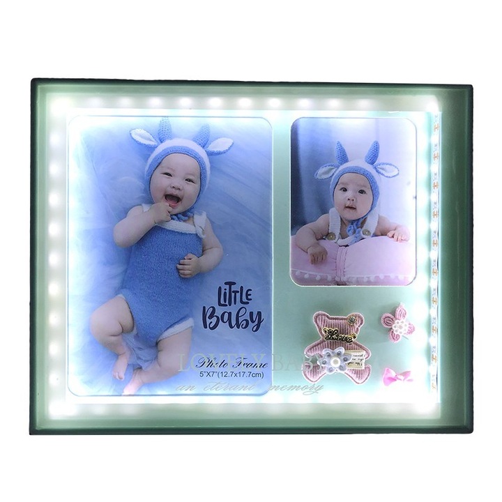 Rama foto din plastic cu leduri pentru poze cu copii, albastru, 25x20 cm