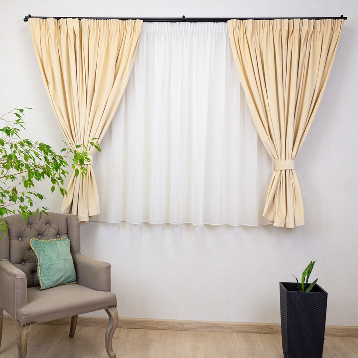 Set 2 draperii scurte cu doua benzi de prindere Hiko Comfy, catifea Crem 200Lx160H cm, draperii elegante, design modern, montaj simplu, potrivite pentru dormitor, living, birou sau balcon, cu rejansa Premium creion de 6.5cm