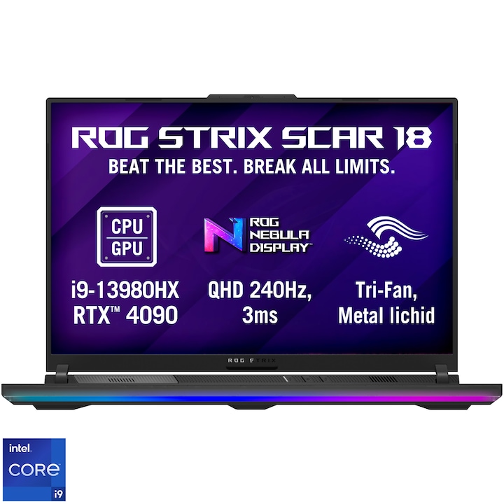 Laptop Gaming ASUS ROG Strix SCAR 18 G834JY cu procesor Intel® Core™ i9-13980HX pana la 5.6 GHz, 18", QHD+, IPS, 240Hz, 32GB, 2 x 1TB SSD, NVIDIA® GeForce RTX™ 4090 16GB GDDR6 TGP 175W, No OS, Black