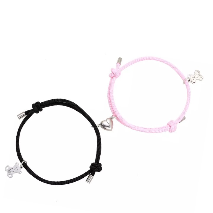 Set bratari tip sfoara, inima cu magnet, pandantiv ursuleti argintii, reglabile, unisex, neagra si roz, EFAYN