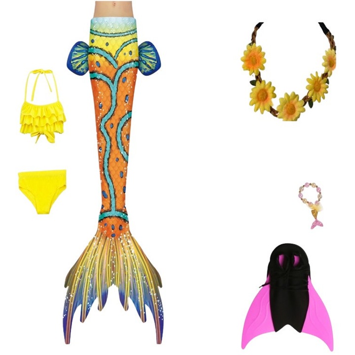 Set 6 piese Costum de baie Sirena Printesa Ariel THK®, coada sirena, slip, top, bratara, coronita si Inotatoarea pentru fixarea cozii, Solar Yellow