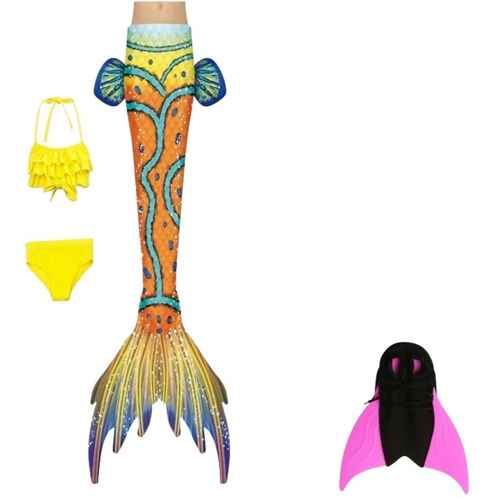 Set 4 piese Costum de baie Sirena THK, include top, slip, coada sirena si Inotatoarea pentru fixarea cozii, Solar Yellow