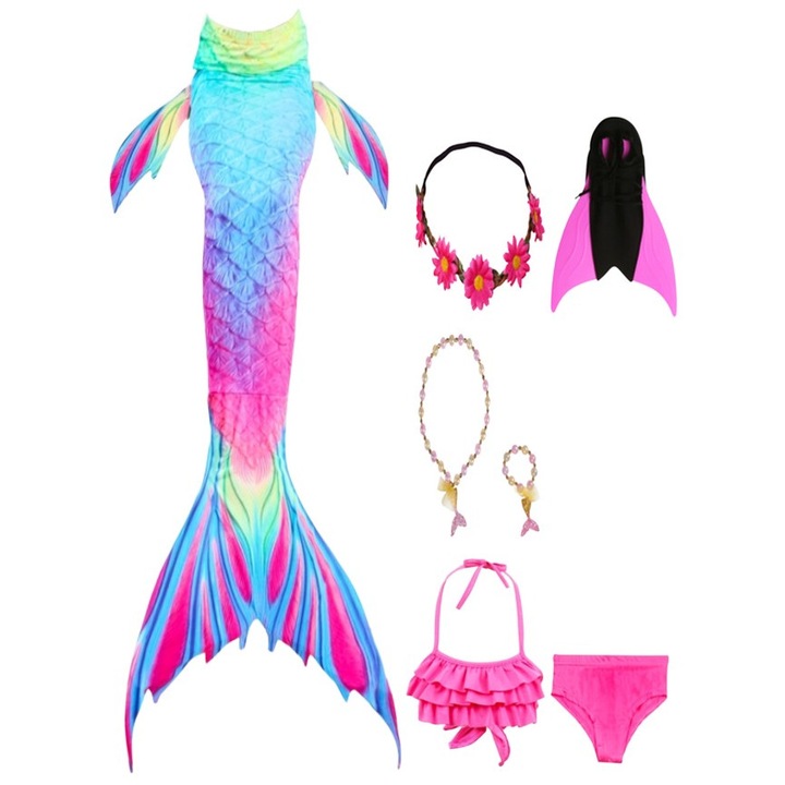 Set 7 piese Costum de baie Sirena THK®, coada sirena, bikini, top, colier, bratara, coronita si Inotatoarea pentru fixarea cozii, Roz cu sclipici/Albastru