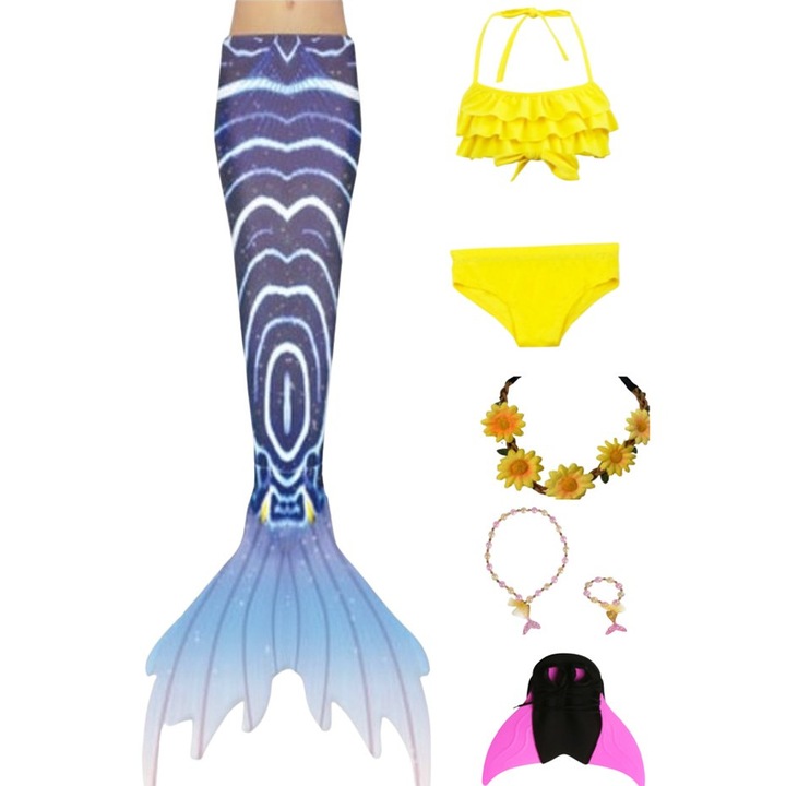 Set 7 piese Costum de baie Sirena THK®, coada sirena, bikini, top, colier, bratara, coronita si Inotatoarea pentru fixarea cozii, Blue Bermuda/Yellow Topaz