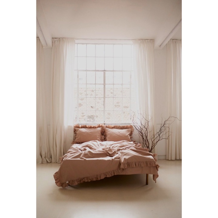 Set Lenjerie de pat cu volanase Baronette Home, 4 piese, Bumbac Ranforce, Bej, 200 x 200 cm