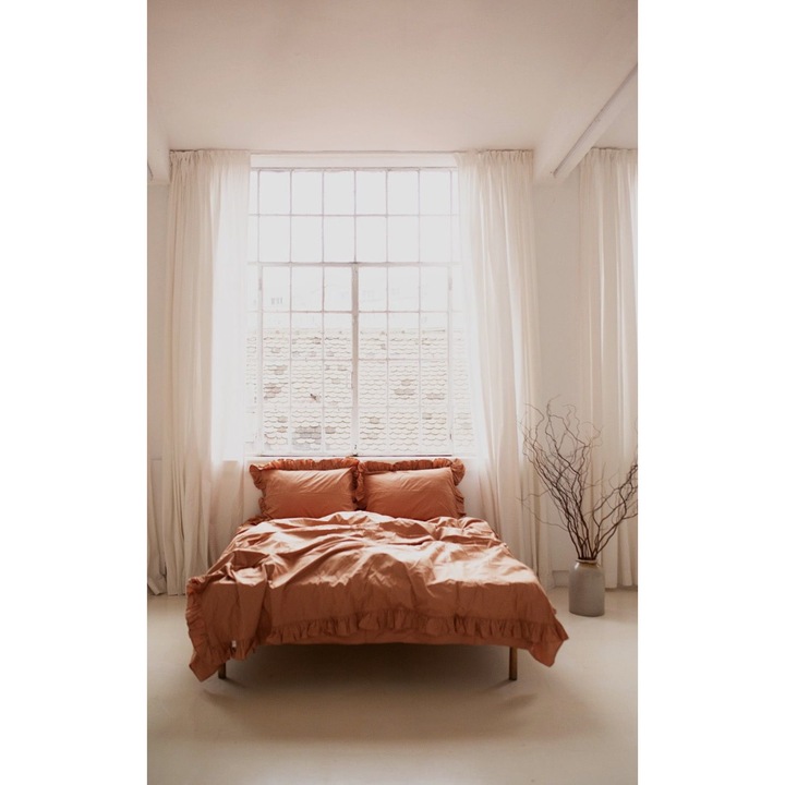 Set Lenjerie de pat cu volanase Baronette Home, 4 piese, Bumbac Ranforce, Portocaliu, 200 x 200 cm