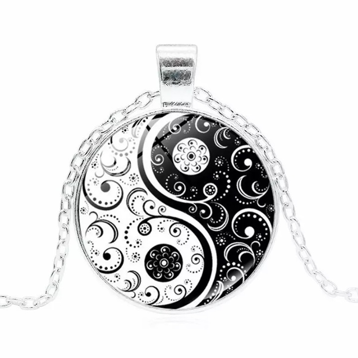 Lant dama, pandantiv rotund tai chi, model ying si yang, reglabil, argintiu, EFAYN